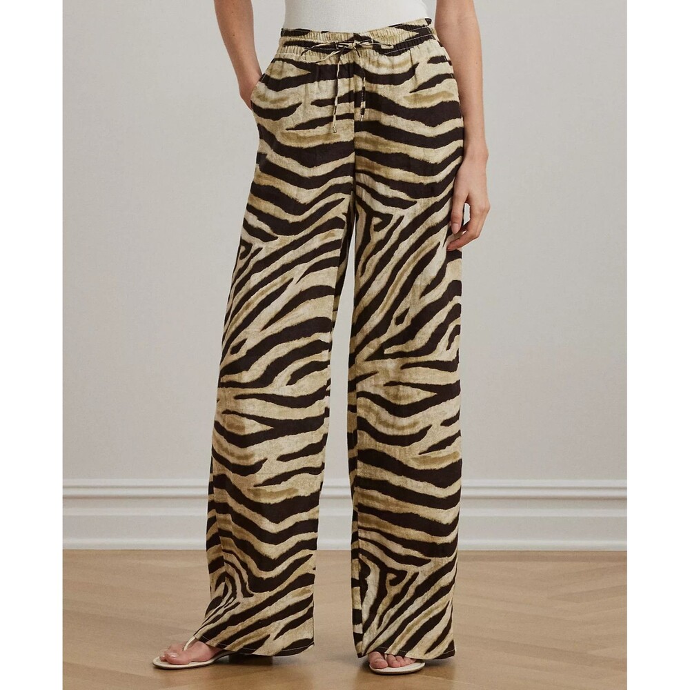 Lauren Ralph Lauren Women's Zebra-Print Linen Wide-Leg Pants Cream Brown XXL - Picture 1 of 13